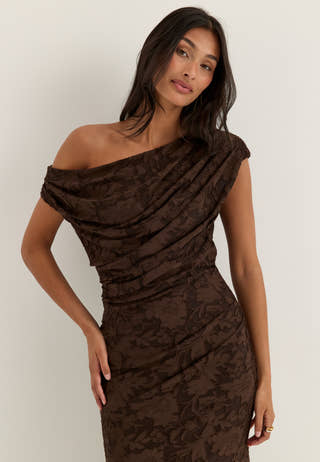 Asymmetric Draped Floral Burnout Maxi Dress Brown