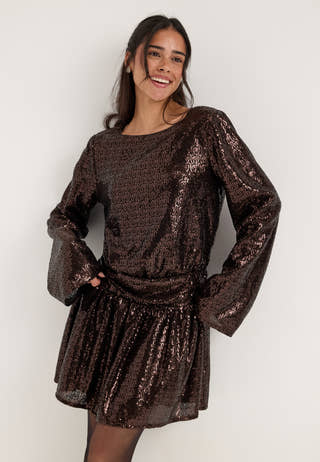 Sequin Ruched Mini Dress Brown