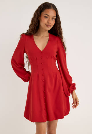 Mini Button Balloon Dress Red