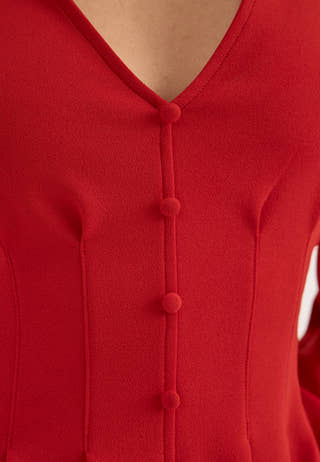 Mini Button Balloon Dress Red