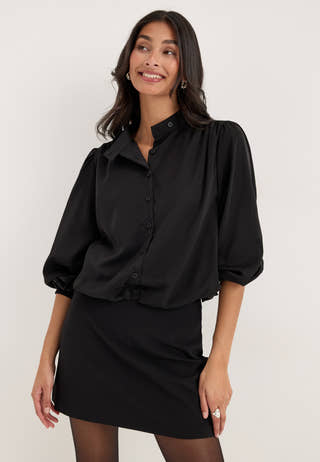 Balloon Hem Satin blouse Black