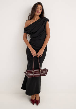 Asymmetric Draped Midi Dress Black