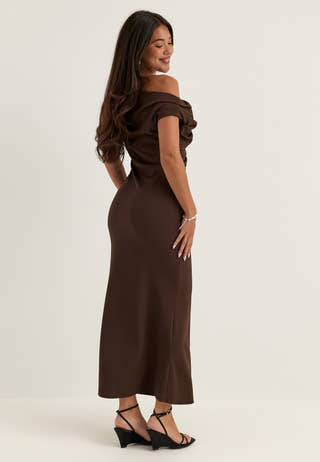 Asymmetric Draped Midi Dress Brown
