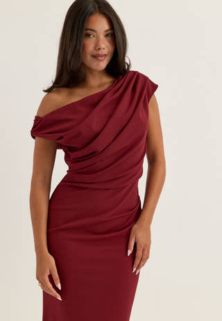 Asymmetric Draped Midi Dress Red