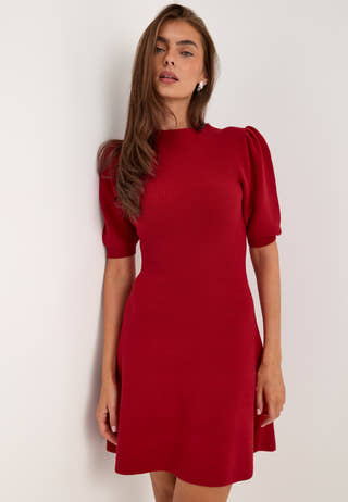 Puff Sleeve Knitted Dress Red