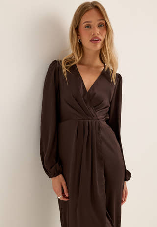 Viravenna L/S V-NECK ANKLE WRAP DRESS Brown