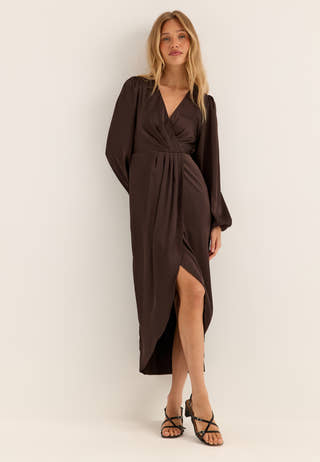 Viravenna L/S V-NECK ANKLE WRAP DRESS Brown