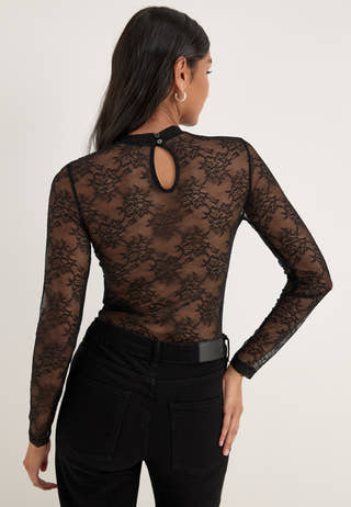 Pcmilly Ls Lace Bodystocking Black