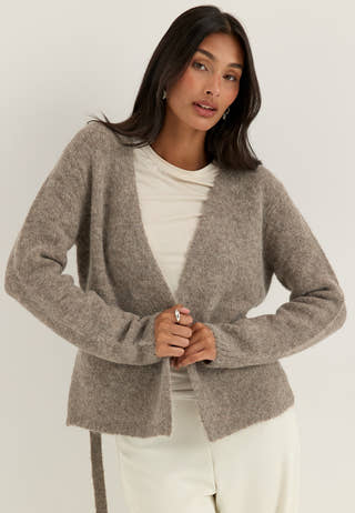 Slfgabriella Ls Knit Belt Cardigan Beige
