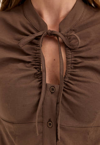 Ruched Keyhole Shirt Brown