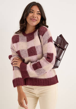 Slwlulu Loose Ls Check Knit O-neck Red