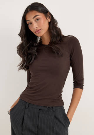 ¾ Sleeve V-Neck Top Brown
