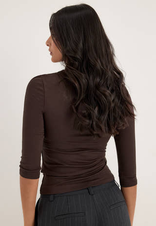 ¾ Sleeve V-Neck Top Brown
