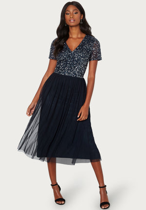 Short Sleeve Sequin Embellished Midi Dress
