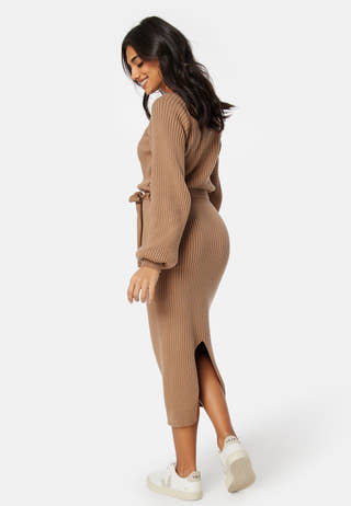 Round Neck Rib Knitted Midi Dress