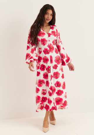 Midi Button Volume Sleeve Dress
