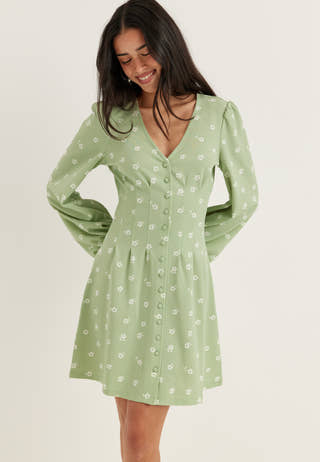 Mini Button Volume Sleeve Dress