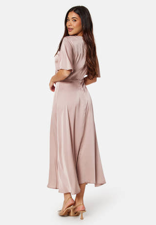 Butterfly Sleeve Satin Midi Dress