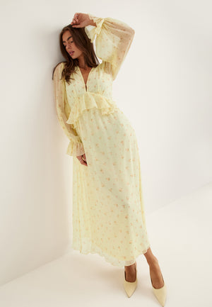 Frill L/S Chiffon Midi Dress