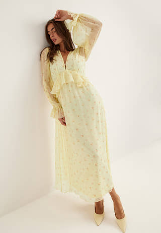 Frill L/S Chiffon Midi Dress