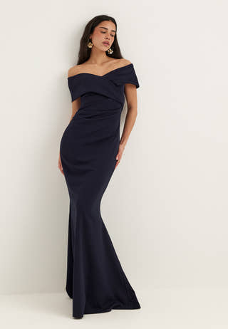 Off Shoulder Pleat Maxi Dress