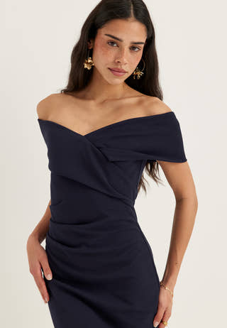 Off Shoulder Pleat Maxi Dress
