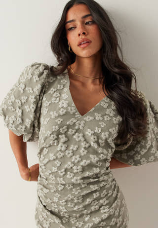 Puff Sleeve Jacquard Midi Dress
