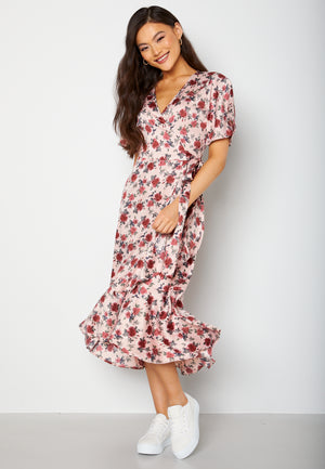 Frill Wrap Satin Midi Dress