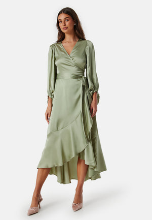 Wrap Frill L/S Satin Dress