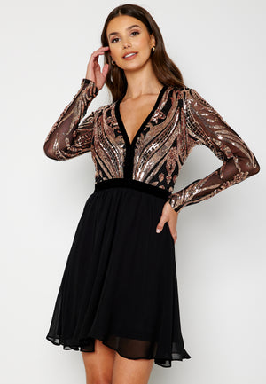 Deep V Sequin Bodice Skater Dress