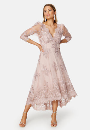 Embroidered Lace 3/4 Sleeve Midi Dress
