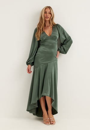 Satin Balloon Sleeve High Low