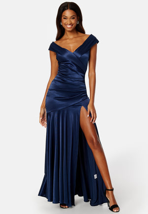 Satin Bardot Pleat Maxi With Split