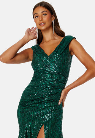 Sequin Bardot Pleat Maxi With Split