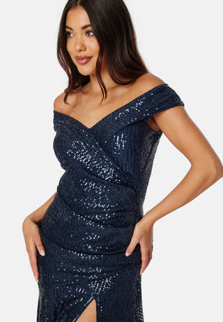 Sequin Bardot Pleat Maxi With Split