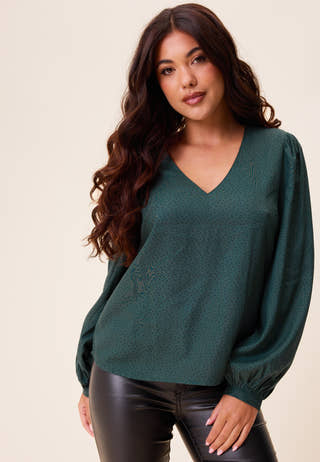 V-neck Puff Sleeve Viscose Blouse