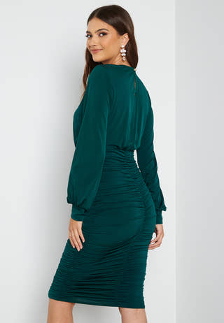 Long Sleeve Rouched Midi Dress